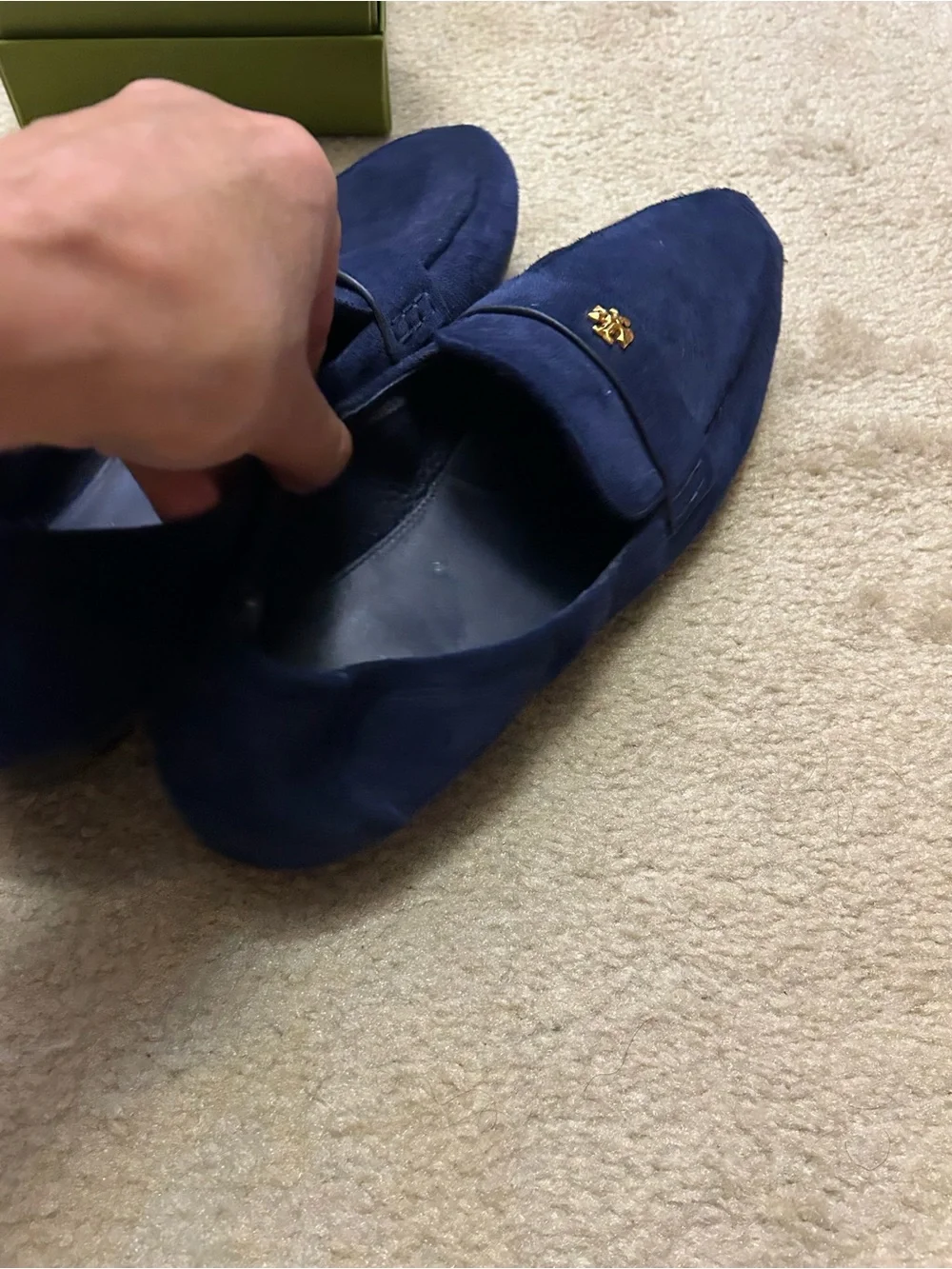 TORY BURCH suede logo loafers.